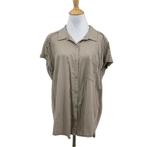 Splendid Shirt Women XL Extra Large Beige Short Sleeve Collar Button Up Top - Picture 1 of 10